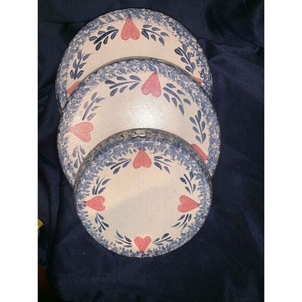 RARE-VTG MAGNOLIA RIDGE POTTERY BLUE-WHITE SPONGE WARE Red Heart Trivet Set Of 3